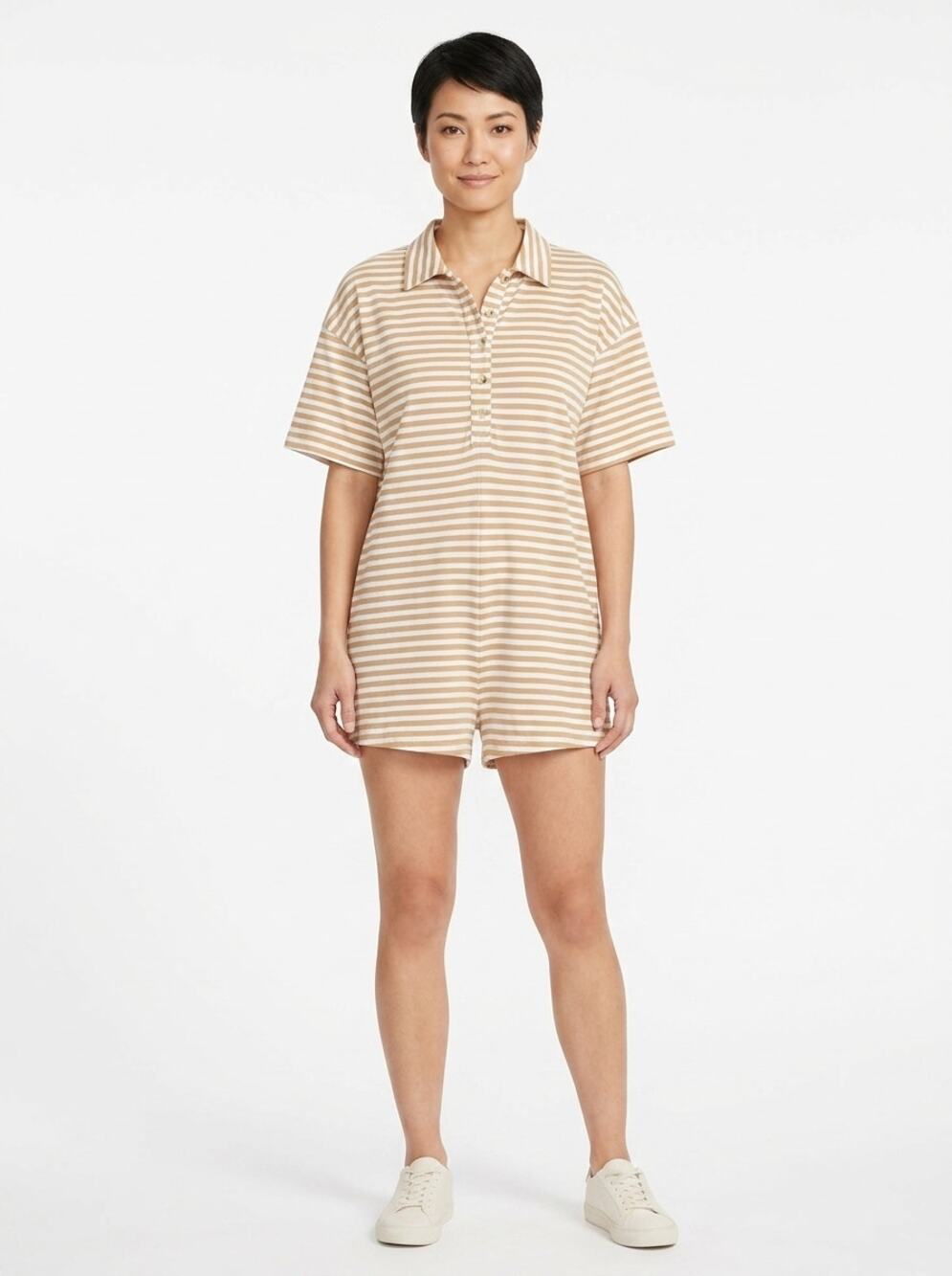 Sabo Beige Striped Short Sleeve Polo Collar Romper Women See Measurements